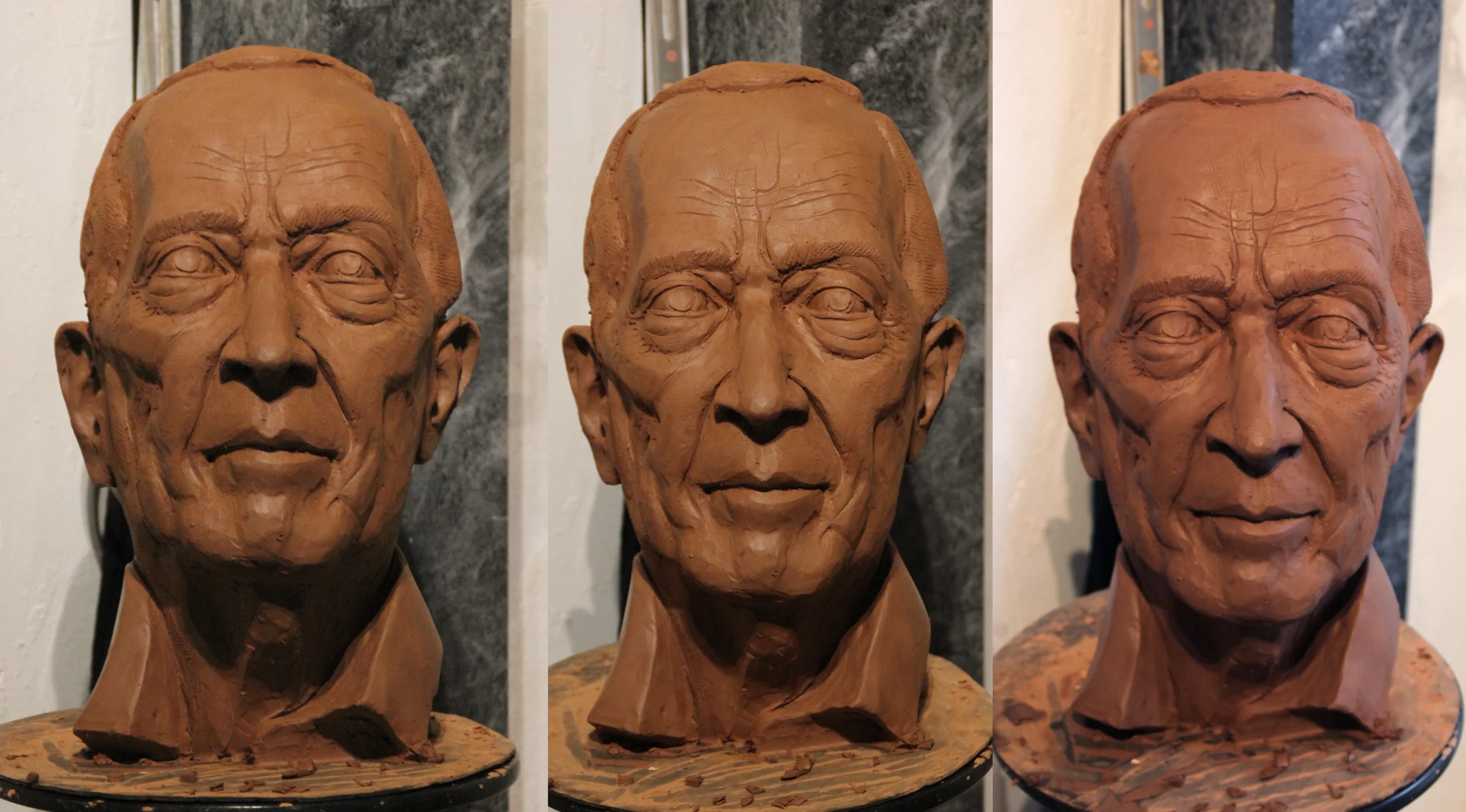 Três estudos de busto-retrato masculino modelado em barro.