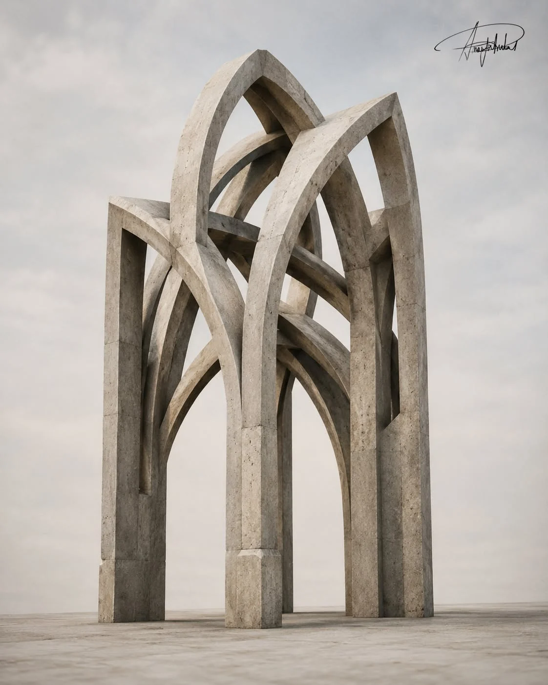 Escultura arquitectónica com arcos verticais entrelaçados.