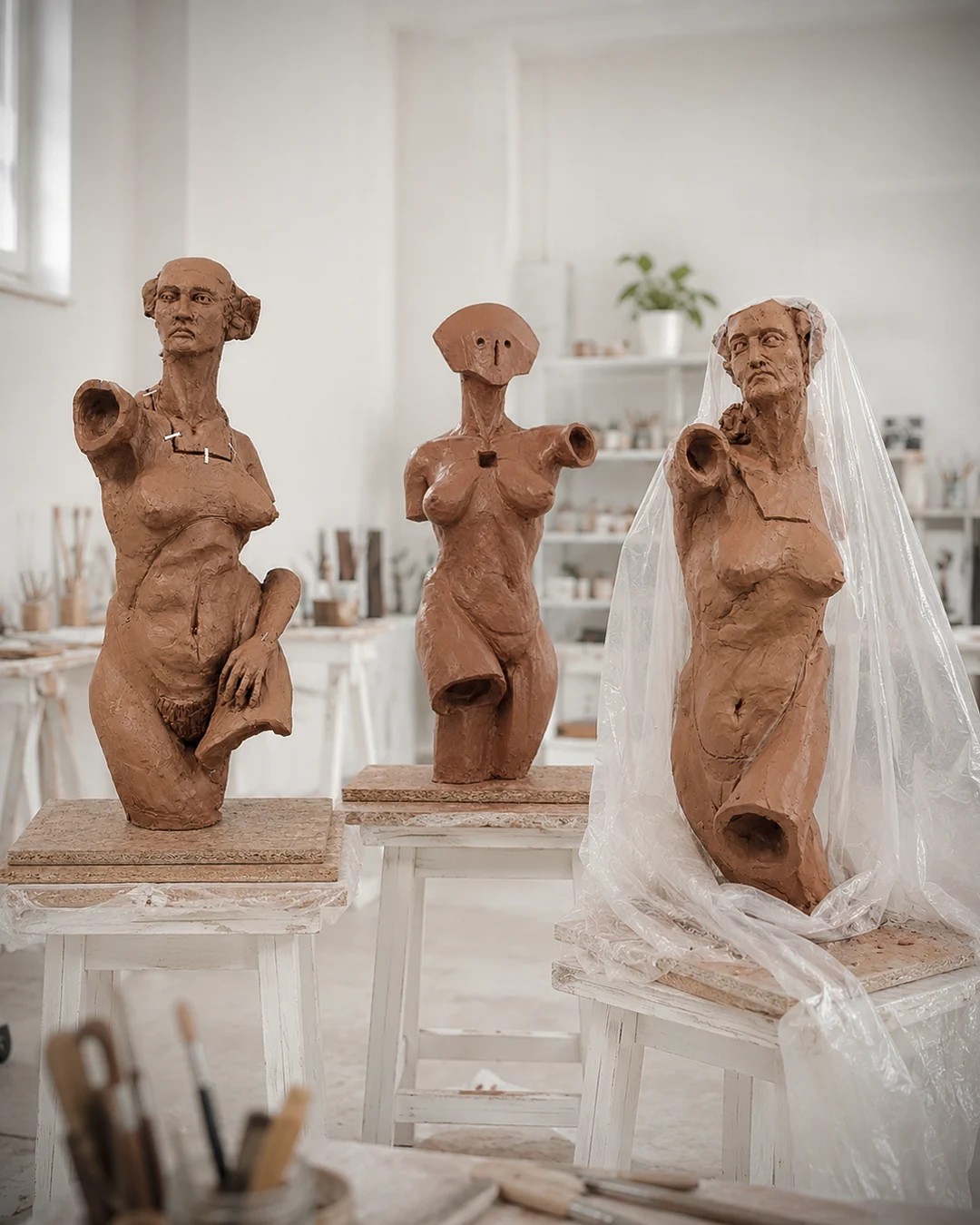 Grupo de esculturas figurativas em barro no atelier.