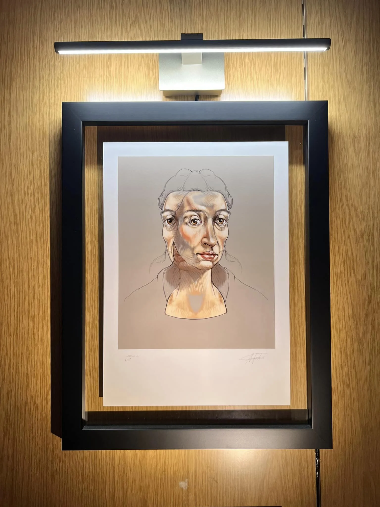 Retrato feminino com óculos, em desenho emoldurado.